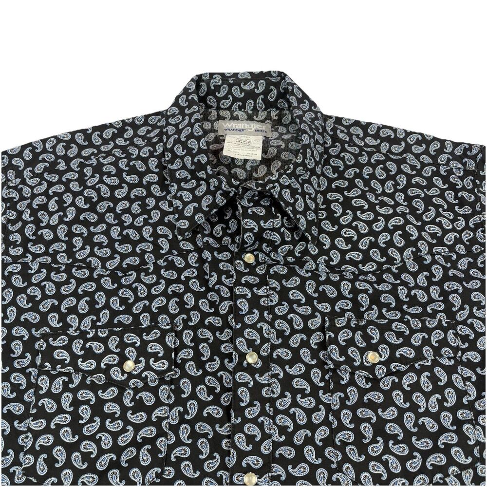 Wrangler Pearl Snap Shirt Paisley All Over Print Mens XL Blue Short Sleeve